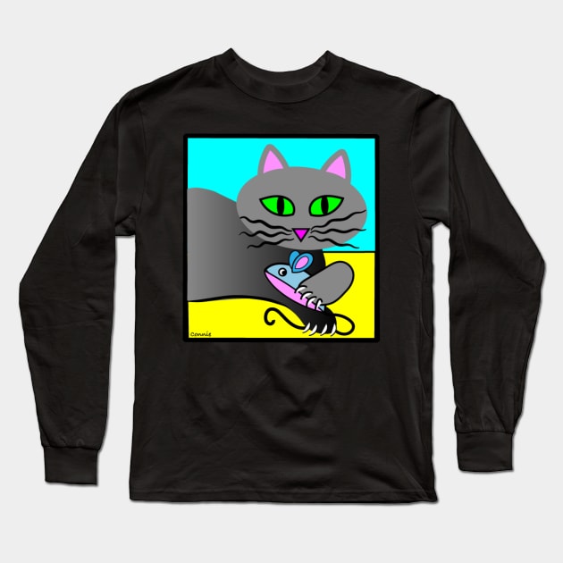 Grey Cat with Catnip Mouse Long Sleeve T-Shirt by Designs by Connie